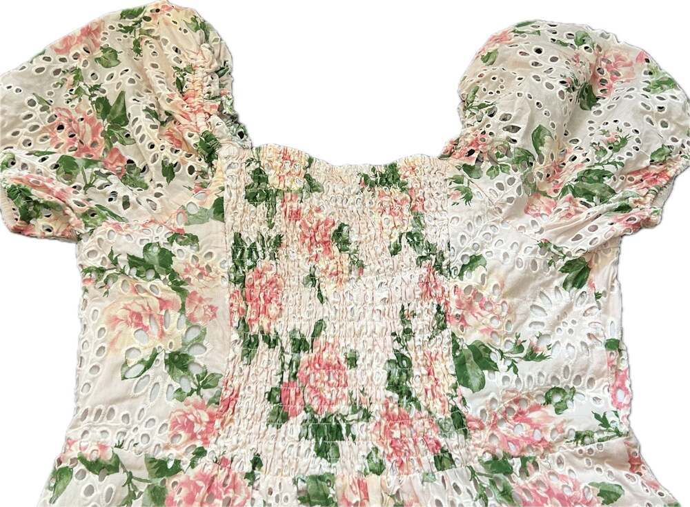 Rachel Parcell Pink Floral Eyelet Puff Sleeve Tiered Maxi Dress Cottagecore - Picture 9 of 14